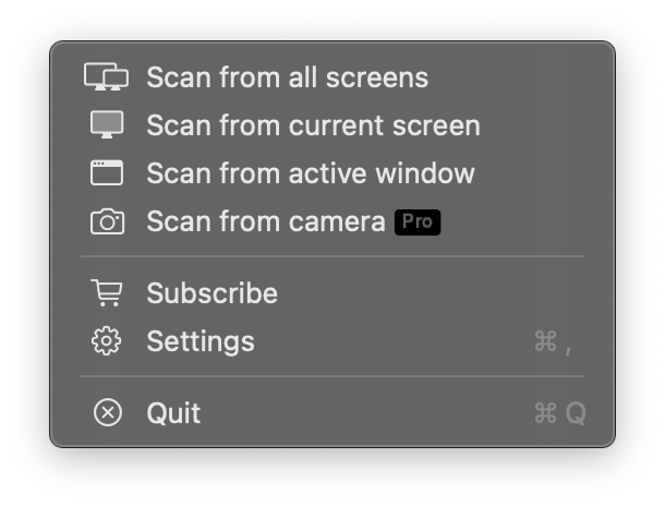 QRCodeSnap menu bar and scanning interface screenshot on macOS