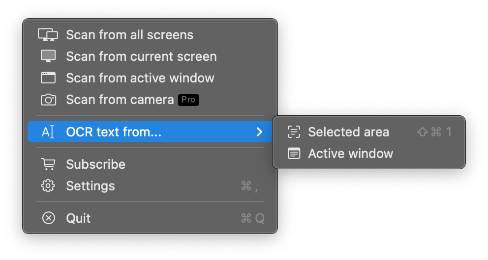 QRCodeSnap OCR text recognition feature - select text from any screen image