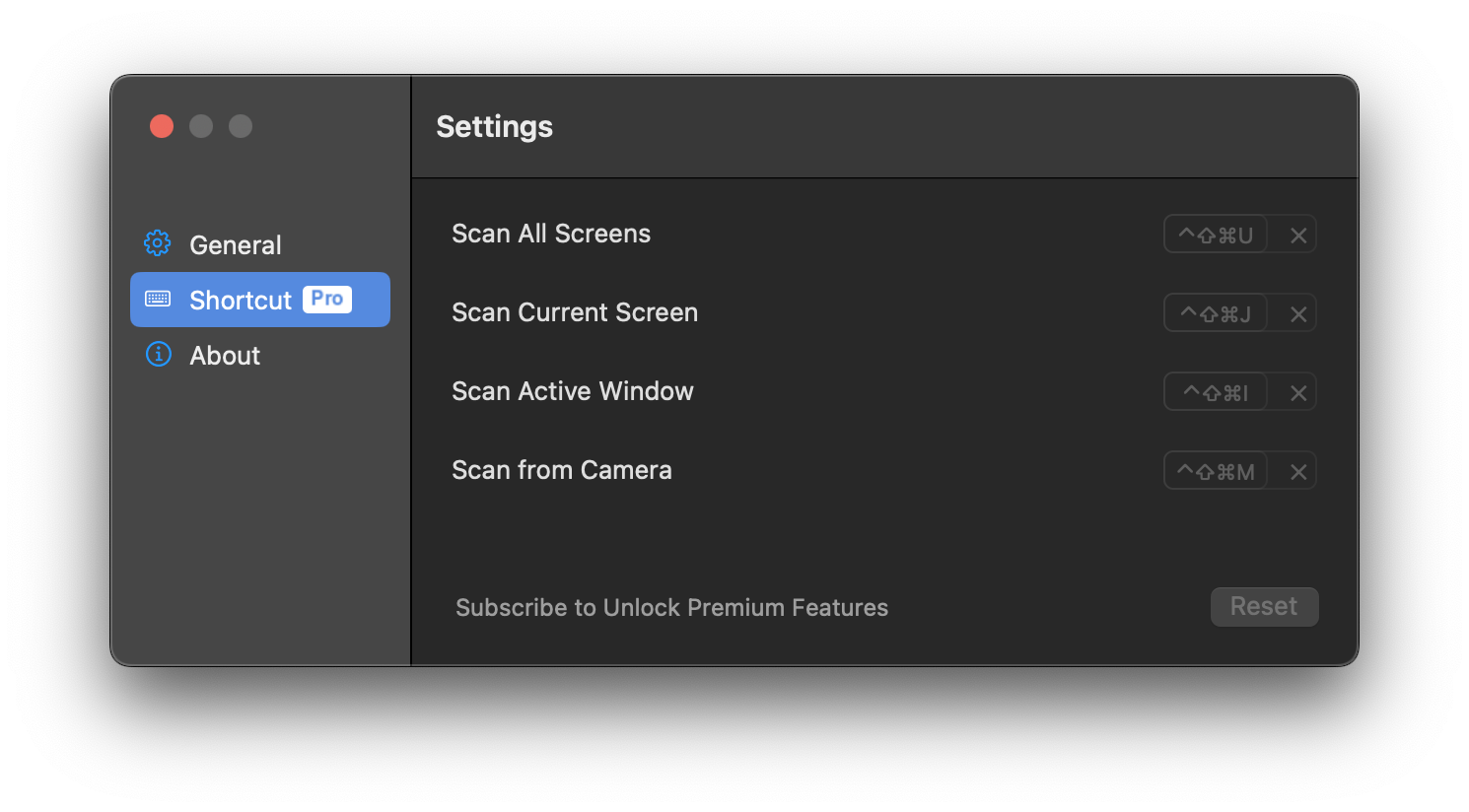 QRCodeSnap premium features interface screenshot including one-click open and global shortcut