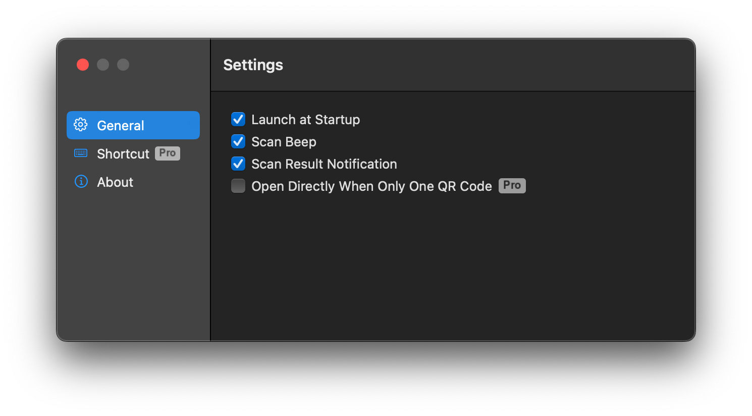 QRCodeSnap settings interface screenshot showing customization options